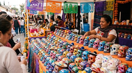Obraz premium Vibrant halloween day of the dead celebration colorful sugar skulls and traditional mexican crafts market scene