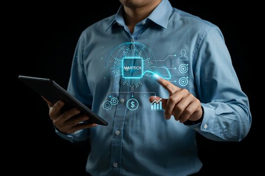 Marketing technology martech concept with digital chip hologram and business metrics
