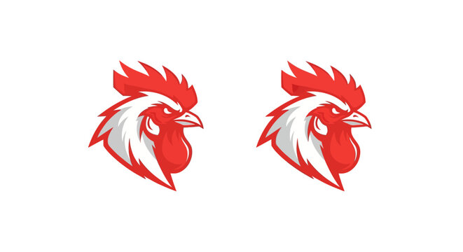 Vibrant Red Rooster Head Silhouette Design Pair.