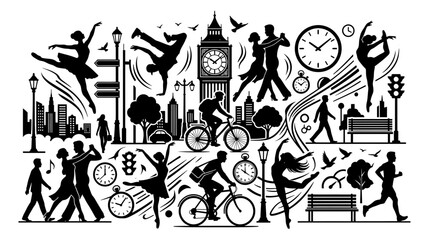 Obraz premium Urban Lifestyle Collage: Dancing, Cycling, Running, City Silhouettes