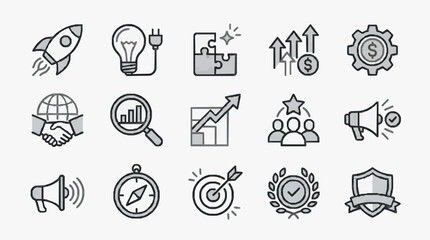 Fototapeta premium Clean Minimalist Black and White Line Icons Set Featuring Business Marketing Success and Achievement Concepts