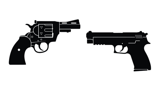 Revolver And Semi automatic Pistol Silhouettes On White Background