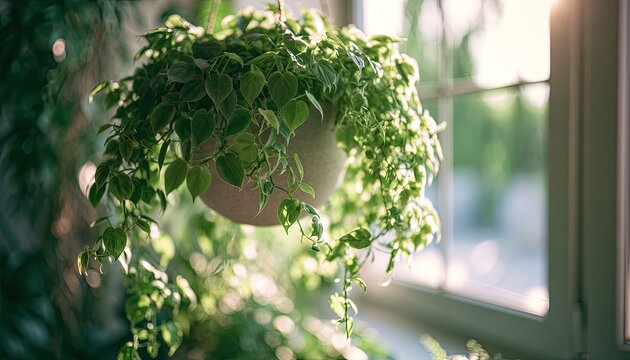 Lush green plant cascades from hanging pot, bathed in warm sunlight near window