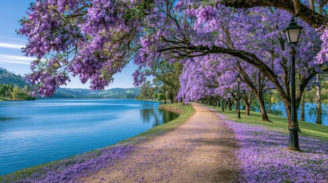 A tranquil lakeside path lined with blooming jacaranda trees in vibrant purple