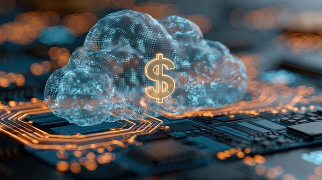 Digital cloud computing with a glowing golden dollar sign on a circuit board