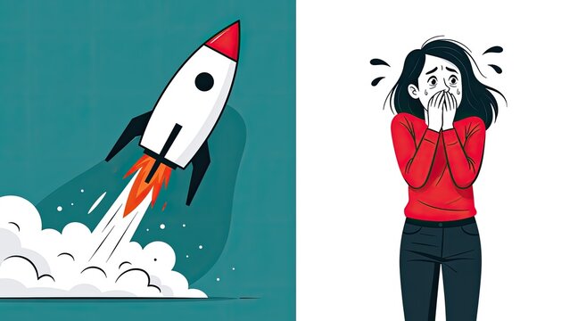 Cartoon split image rocket blasting off, contrasted with a terrified person
