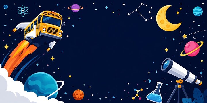 Embark on Cosmic Journeys A Yellow School Bus Ascends Through Starry Nebulae and Celestial Wonders Igniting Imagination for Future Explorers. back to school school banner education background web head