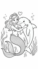 Obraz premium Black and White Coloring Page Illustration of a Mermaid Hugging Her Dolphin Friend Warmly, with a Heart Symbol Above, Surrounded by Underwater Plants and Bubbles, Vector Graphic