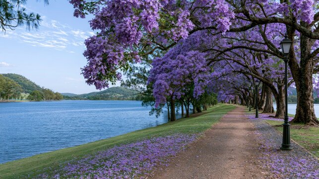 A paved path lined with blooming jacaranda trees on a sunny day