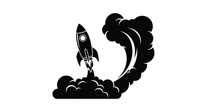 Rocket ship silhouette with exhaust flames against a white background