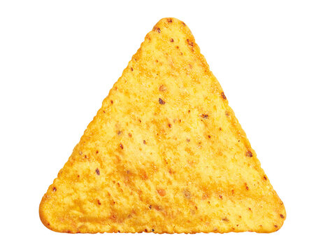 Single delicious triangular nacho tortilla chip, isolated on transparent cutout background