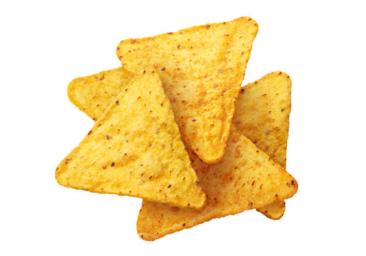 Delicious tortilla nacho chips in a crispy pile, isolated on transparent cutout background