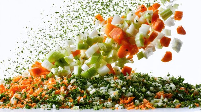 Vibrant diced carrots, celery, and herbs caught mid-air over a pile