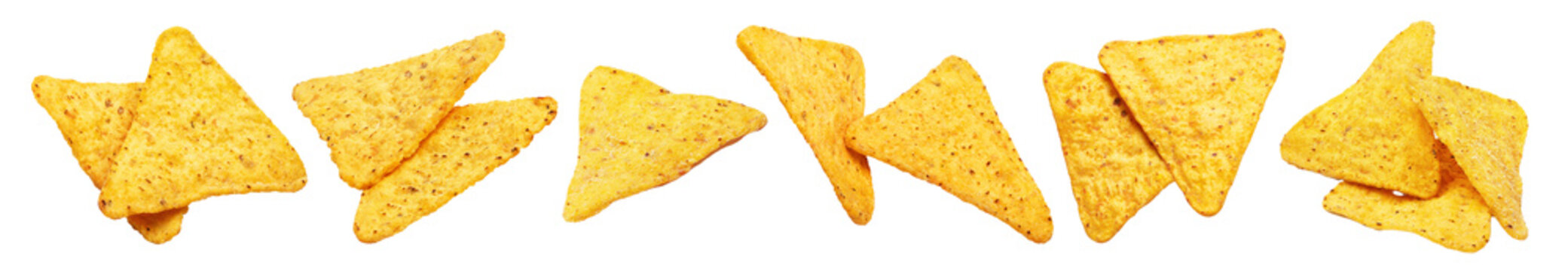 Set of delicious tortilla nacho chips, isolated on transparent cutout background