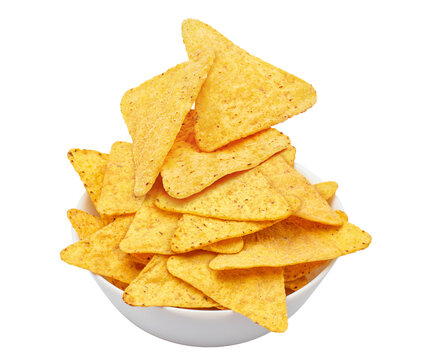 Delicious triangular tortilla chips piled in a bowl, isolated on transparent cutout background