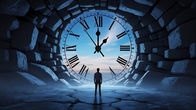 Mysterious person standing before giant ancient clock inside surreal time tunnel