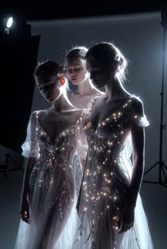 Ritratto di alta moda di tre modelle eteree con abiti trasparenti luminosi in uno studio fotografico