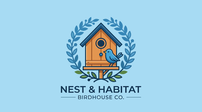 A stylized illustration of a small wooden birdhouse with a blue bird