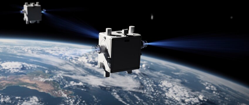 Advanced Satellite Technology in Orbit Above Earth, Demonstrating Propulsion Systems and Earth&rsquo;s Beauty from Space, Captivating Aerial Perspective