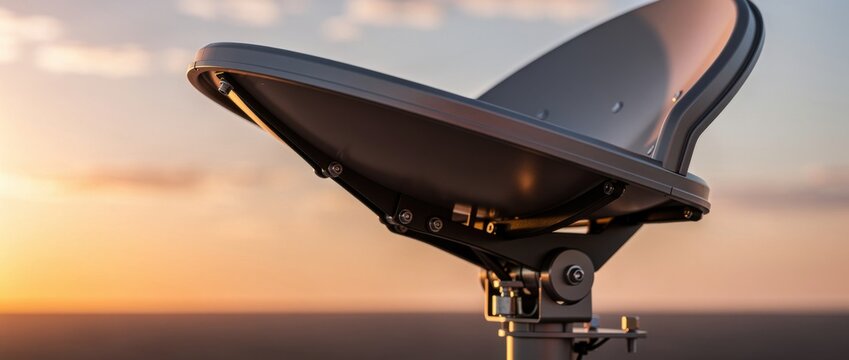 Modern Satellite Dish on a Pole Against a Vibrant Sunset Sky with Soft Clouds in the Background and a Scenic Horizon for Telecommunication Imagery