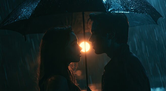 Couple under umbrella in rain, illuminated by streetlamp, looking into eyes