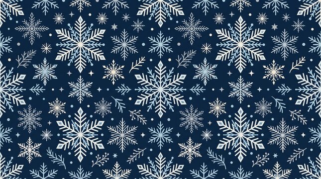 Winter snowflake seamless pattern with detailed geometric ice crystals and pine needles on dark blue background


