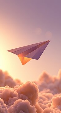 Paper airplane flies through a pastel sky above soft, lit clouds at sunrise