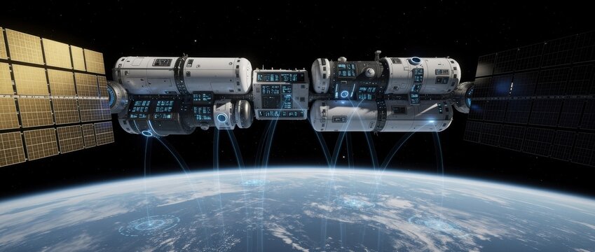 Futuristic space station orbiting Earth with solar panels and advanced technology showcasing innovation in space exploration and science fiction aesthetics