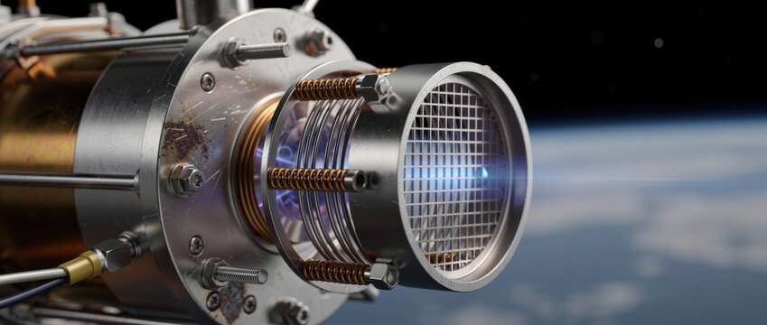 Close-up View of Advanced Rocket Engine Nozzle with Blue Flame in Outer Space Above Earth, Futuristic Technology Concept for Space Travel and Exploration