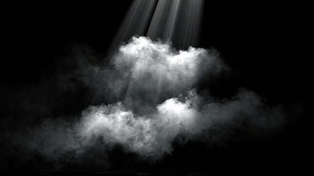 Ethereal light beams pierce through billowing, illuminated clouds on a dark background