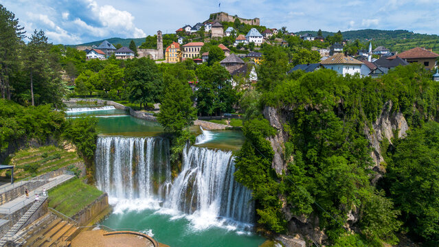 Aerial Panorama of Historic Jajce Town with Pliva Waterfall and Fortress in Bosnia and Herzegovina