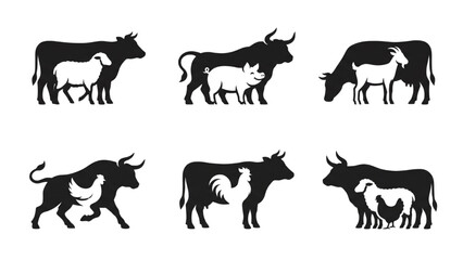 Fototapeta premium Set of farm animal silhouettes in black and white, showcasing different pairings including cow and sheep, bull and pig, cow and goat, bull and chicken, cow and rooster, and cow and chicken