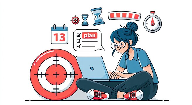 Person planning and working on a laptop with time and goal elements