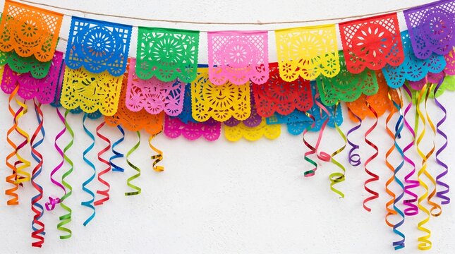 Colorful papel picado banners hanging for celebration. Vibrant Mexican cut-paper decorations for festivals and parties. Festive garland backdrop fo...