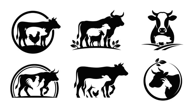 Collection of stylized black and white farm animal logos featuring cows, chickens, and sheep, set within circles and frames with organic elements