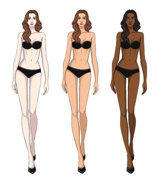 Colored skin tones fashion croquis figurines walking female body with long curly hair in fair, tan and brown skin.
