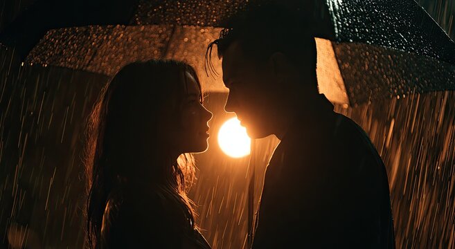 Silhouettes of a couple under an umbrella in the rain, illuminated by warm light