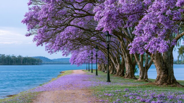 Scenic path lined with blooming purple trees next to a calm blue lake