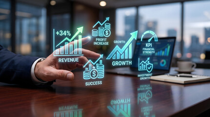 Fototapeta premium Business growth and success visualized with financial charts and icons overlayed on a modern office desk
