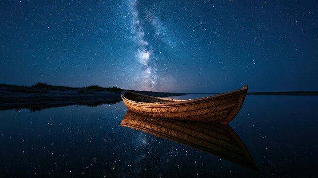Wooden rowboat rests on still water under a starry, milky way sky