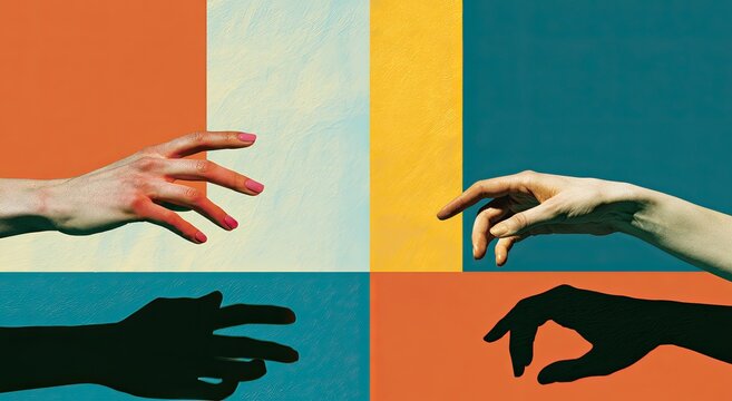 Two hands reaching across a colorful geometric backdrop, shadows below
