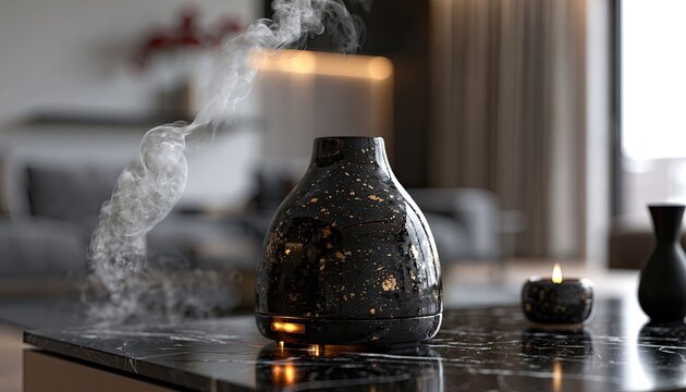 Luxurious diffuser emits fragrant mist beside candle on dark marble surface