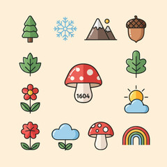 Fototapeta premium Nature Elements Icons Set: Seasons, Weather, Plants, Fungi, Mountains, Rainbow