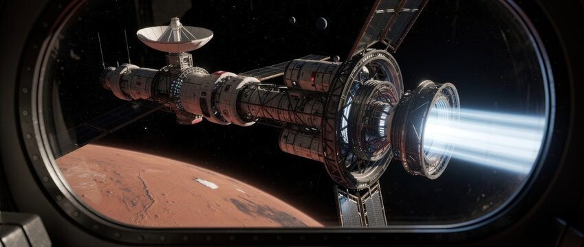 Futuristic Spacecraft in Orbit Around Mars with Thrusters Ignited Visible Through Window in Deep Space Exploration Scene