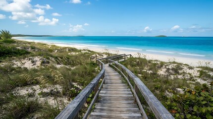 Naklejka premium Wooden Bridge Over the Sea Leading to a Tropical Beach with Coastal Cliffs Blue Ocean Sandy Shore and Clear Summer Sky Scenic Seascape Travel Destination