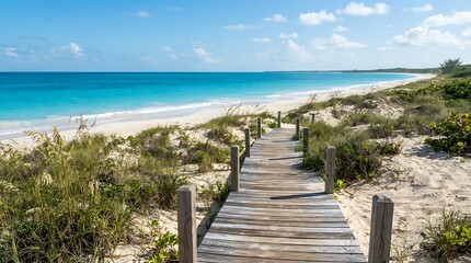 Obraz premium Wooden Boardwalk Path Leading to a Tropical Beach and Blue Ocean Coastline Under Clear Summer Sky