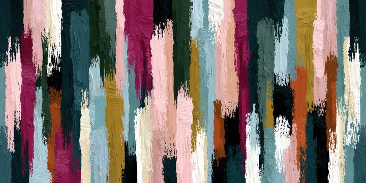 Vertical brushstrokes of various colors and textures create a bold abstract background