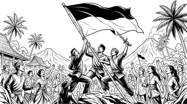 People raising the national flag for indonesia independence vector