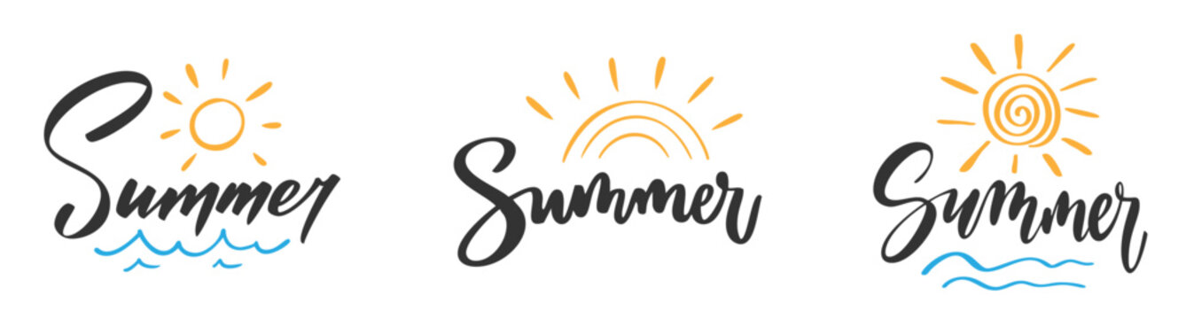 Summer lettering set. Handwritten calligraphy quote with sun, sunrise, ocean wave and sea for tropical vacation, beach holiday, sticker, tshirt, poster and greeting art elements. Vector illustration