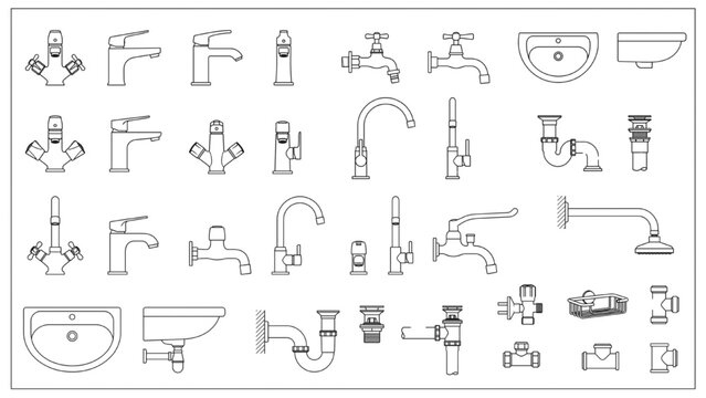 Collection of various plumbing fixtures and fittings, including faucets, sinks, and pipes, presented as technical drawings
